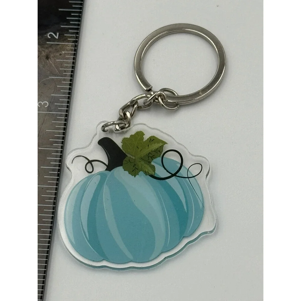 Blue Pumpkin Acrylic Keychain‎ Fall Autumn Harvest Bag Charm Silver Ring